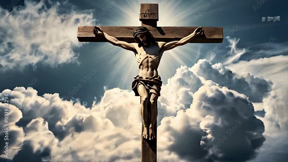 Jesus Christ on the cross with clouds and radiant light in background. Jesus Christ on the cross with clouds and radiant light in background.