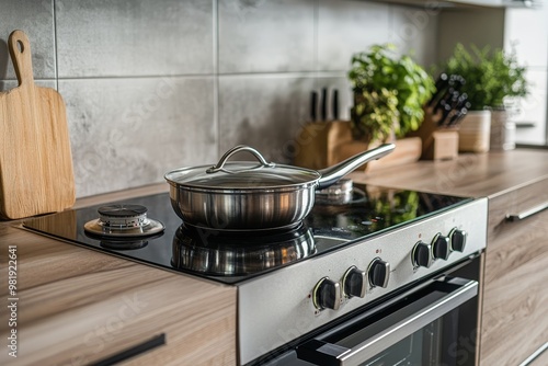 Stainless steel pot with lid on a modern glass top stove in a kitchen.