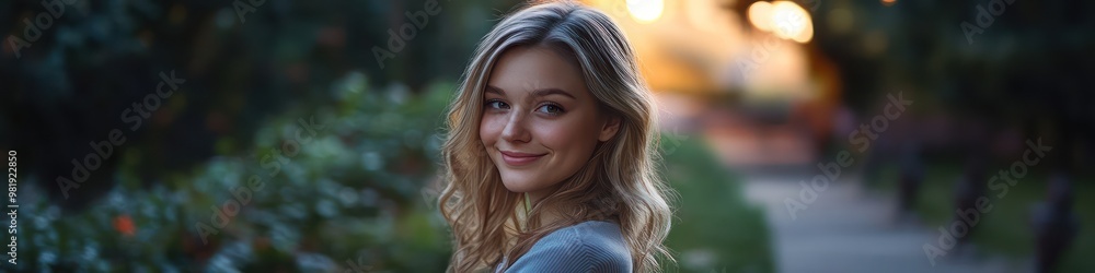 young woman smiling gently standing in a serene garden at twilight with soft cool tones creating a calming atmosphere young woman smiling gently standing in a serene garden at twilight with soft cool tones creating a calming atmosphere