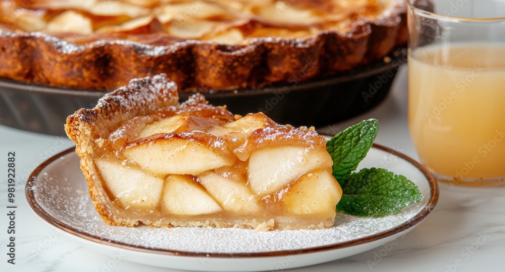 Delicious homemade apple pie with cinnamon and mint garnish Delicious homemade apple pie with cinnamon and mint garnish