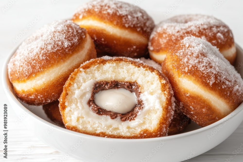 Delicious homemade donuts with powdered sugar coating Delicious homemade donuts with powdered sugar coating
