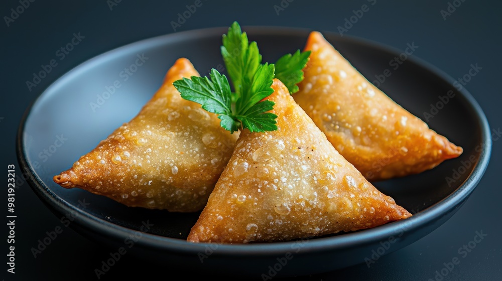 Delicious fried pastry triangles with parsley garnish Delicious fried pastry triangles with parsley garnish