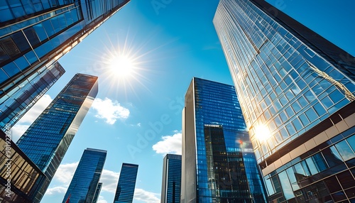 Sunny urban skyline of La Defense showcasing glass skyscrapers and dynamic sunbeams against a vibrant blue sky, symbolizing economic activity and modernity.