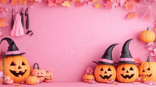Pink Halloween Background with Pumpkins  Witch Hats and Autumn Leaves