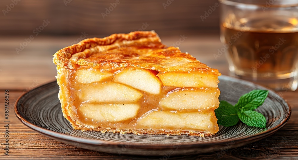 Delicious homemade apple pie slice on wooden table Delicious homemade apple pie slice on wooden table