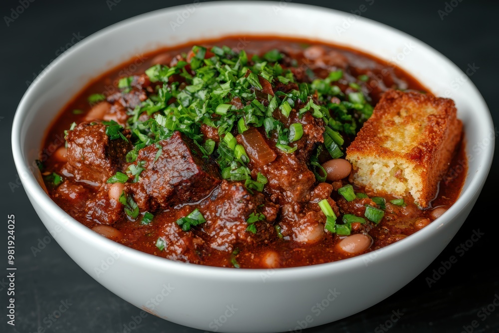 Hearty beef and bean chili with fresh garnishes Hearty beef and bean chili with fresh garnishes