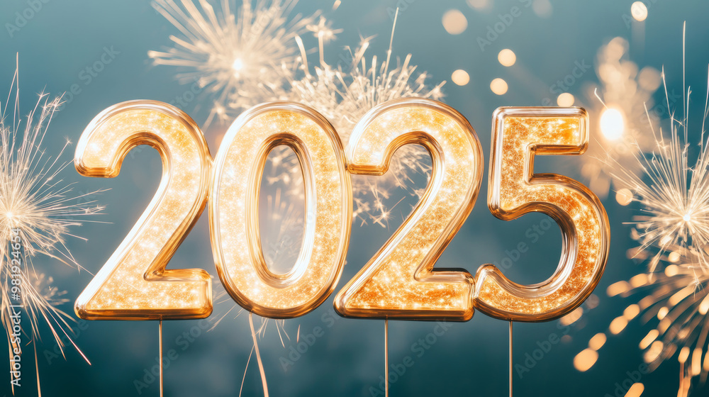 a New Year scene with the numbers '2025', the background features a festive display of fireworks a New Year scene with the numbers '2025', the background features a festive display of fireworks