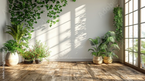 Fototapeta Naklejka Na Ścianę i Meble -  3D rendering of a white wall and wood floor background with sunlight shadow, interior design of a modern home office room mock-up, copy space concept. 