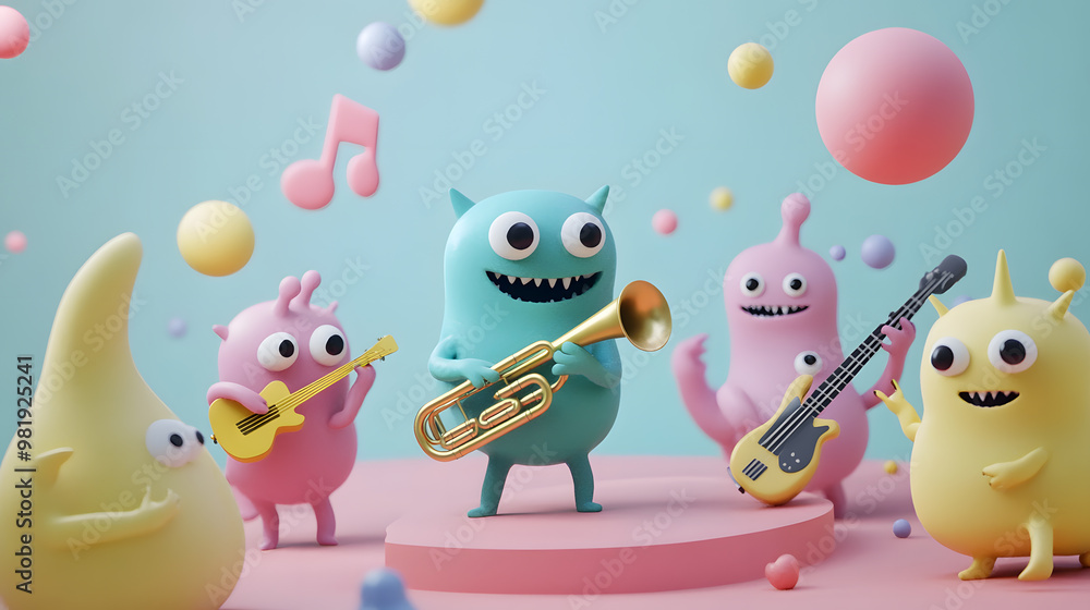Fototapeta premium A cute monster dot black eyes, and a cheerful smile playing cute model pastel colour style ,each monster play music ,drum, trampet ,guitar, Violin ,Flute,Saxophone,Trombone,Piano pastel copyspace.