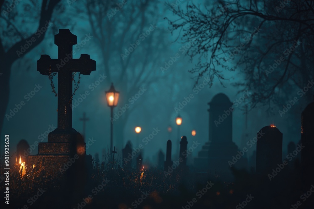 A Single Cross Stands Tall Against the Foggy Night in a Graveyard A Single Cross Stands Tall Against the Foggy Night in a Graveyard