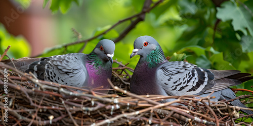 Two Pigeons Nesting Together in a Cozy Twig Nest