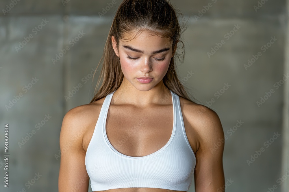 young woman in white sports bra with eyes closed young woman in white sports bra with eyes closed