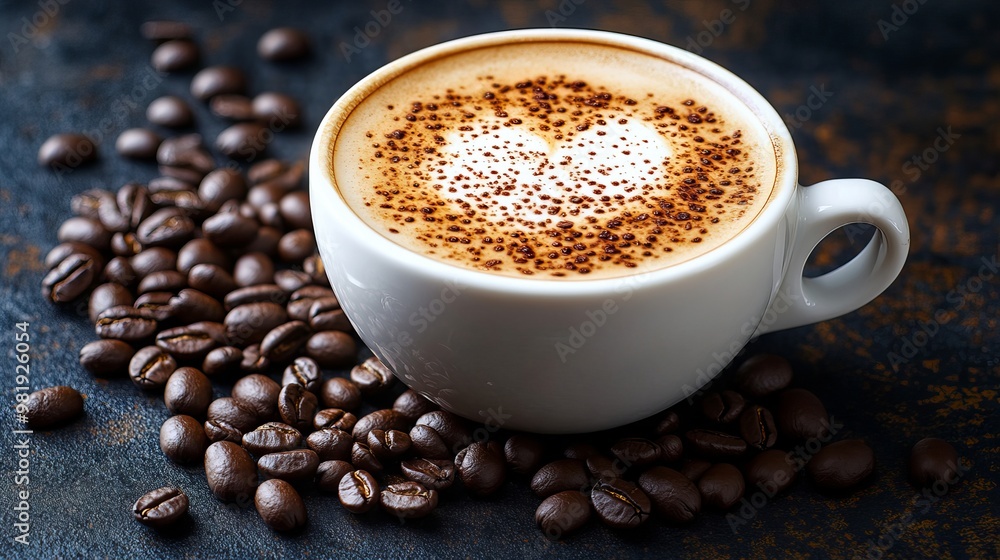 Coffee beans with a cappuccino cup on the table Coffee beans with a cappuccino cup on the table