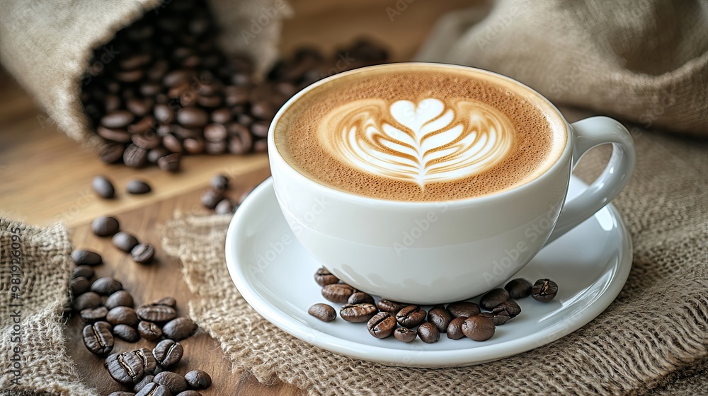 Coffee beans with a cappuccino cup on the table Coffee beans with a cappuccino cup on the table