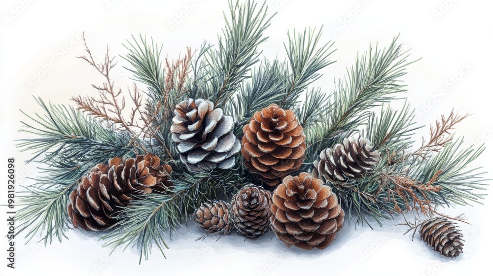 Pinecones and Evergreen Sprigs on a White Background Pinecones and Evergreen Sprigs on a White Background