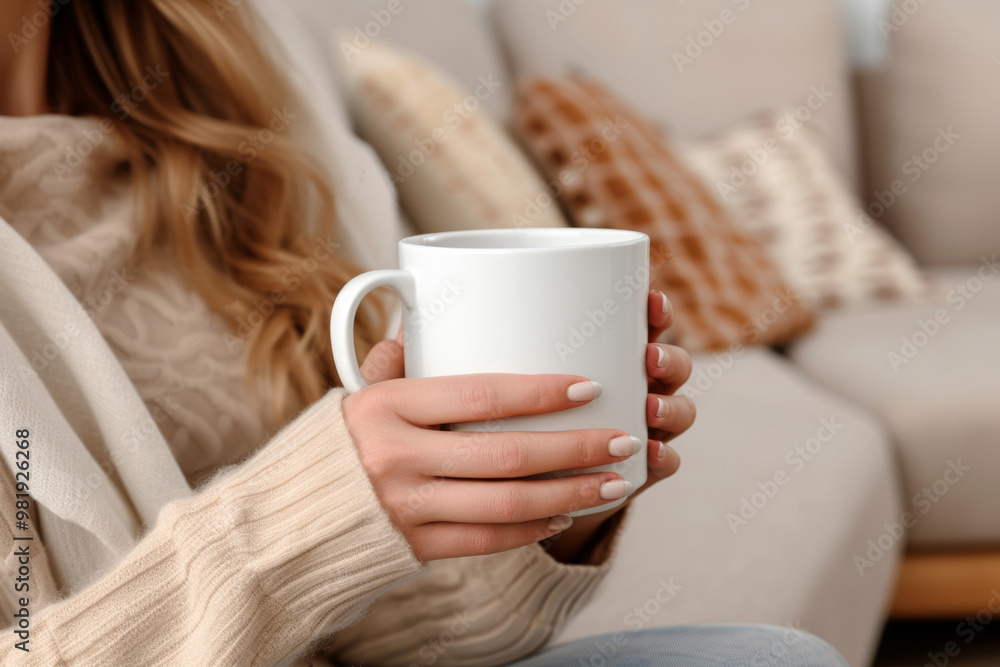 Woman holding a white mug with both hands, dressed in a beige sweater. Cozy living room background with pillows, concept of relaxation and comfort. Woman holding a white mug with both hands, dressed in a beige sweater. Cozy living room background with pillows, concept of relaxation and comfort.
