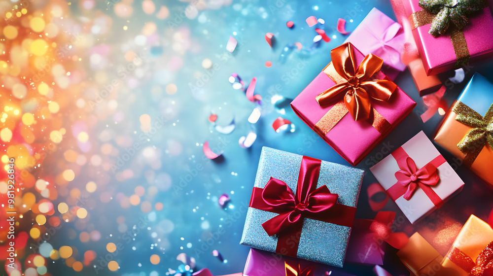 Christmas celebration banner with gift boxes tied in velvet ribbons and surrounded by paper decorations. A colorful background .Joyful Christmas beautifully wrapped gift boxes . Christmas celebration banner with gift boxes tied in velvet ribbons and surrounded by paper decorations. A colorful background .Joyful Christmas beautifully wrapped gift boxes .