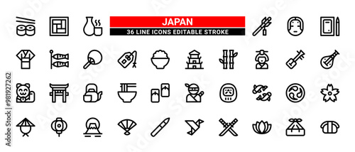 36 Japan Line Icons Set Pack Editable Stroke Vector Illustration.