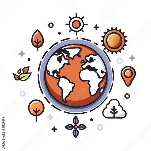 Earth Icon with Nature Elements in Orange and Blue Representing Global Ecology