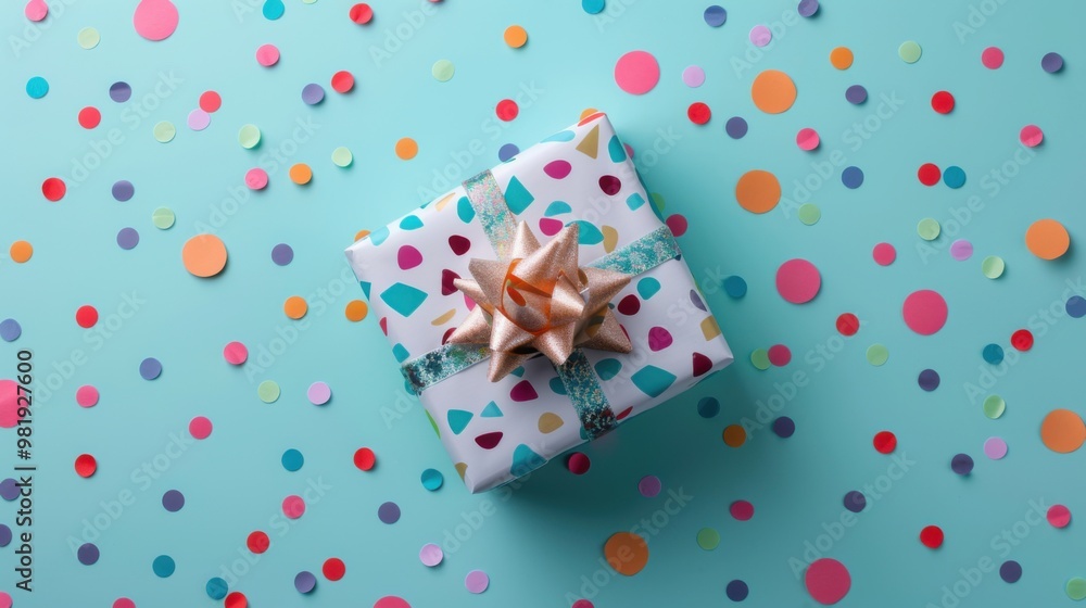 Top view of a gift with a fun pattern, clean bright background, party hats, playful and festive. Top view of a gift with a fun pattern, clean bright background, party hats, playful and festive.