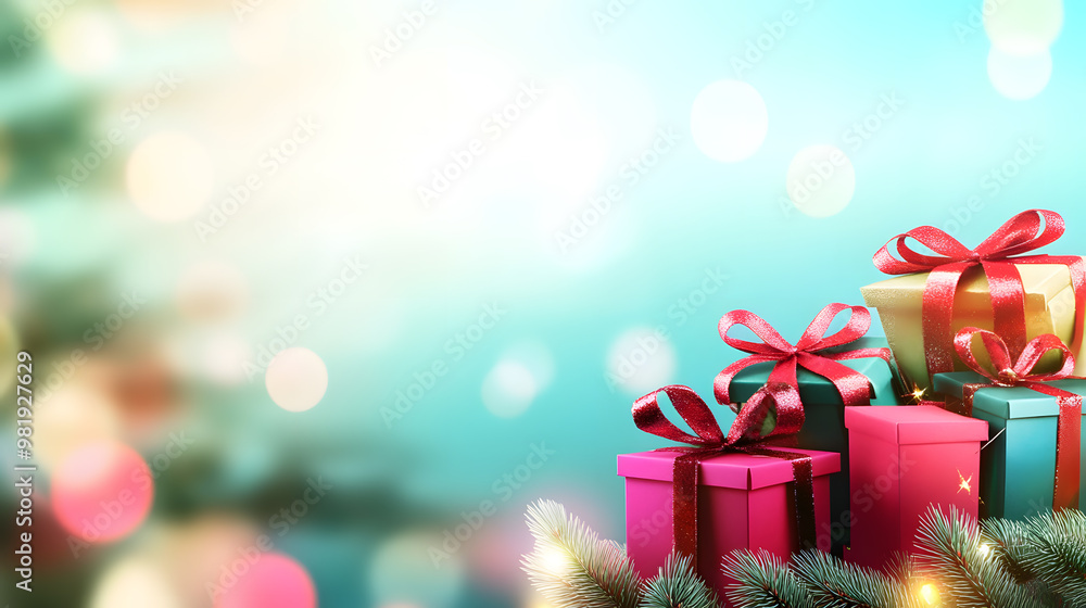 Christmas celebration banner with gift boxes tied in velvet ribbons and surrounded by paper decorations. A colorful background .Joyful Christmas beautifully wrapped gift boxes . Christmas celebration banner with gift boxes tied in velvet ribbons and surrounded by paper decorations. A colorful background .Joyful Christmas beautifully wrapped gift boxes .