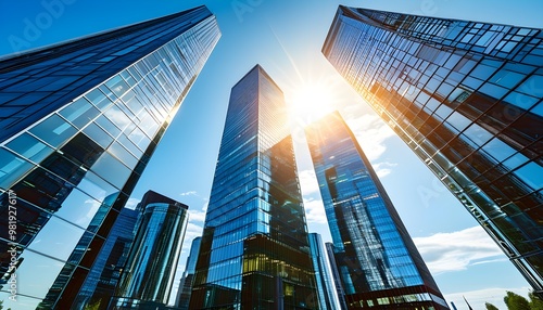 Sunny urban skyline of La Defense showcasing glass skyscrapers and dynamic sunbeams against a vibrant blue sky, symbolizing economic activity and modernity.