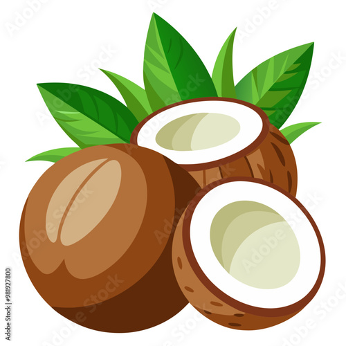 A collection of fresh and delicious ripe coconuts with vibrant brown shells and white coconut meat, perfect for tropical food and drink themes photo