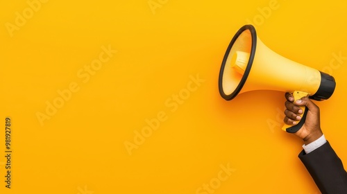 Hand Holding Yellow Megaphone on Yellow Background