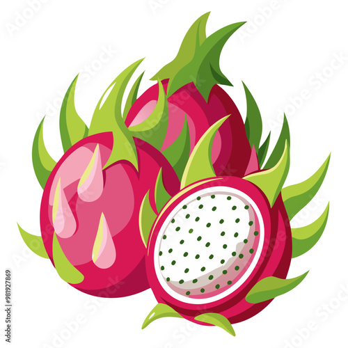 Illustration of a fresh ripe dragon fruit with vibrant pink and green skin symbolizing tropical nutrition and healthy lifestyle choices