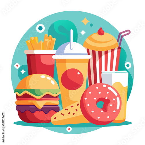 Fast food and unhealthy junk food with sugary soft drinks in a vector image representing unhealthy eating and lifestyle choices