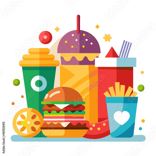 Fast food and sugary soft drinks vector design showing unhealthy junk food, processed snacks, and beverages for poor lifestyle
