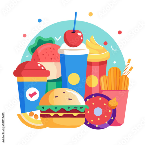 Unhealthy junk food and sugary soft drinks vector image showing fast food items and processed snacks for unhealthy eating habits