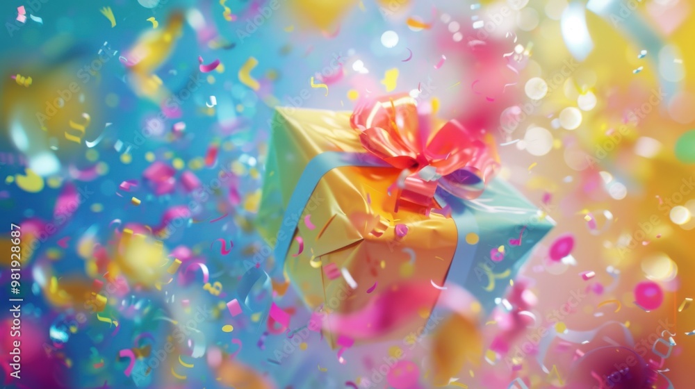 Top view of a gift with colorful wrapping paper, clean soft blur bright background, playful streamers, small flowers, fun and festive. Top view of a gift with colorful wrapping paper, clean soft blur bright background, playful streamers, small flowers, fun and festive.