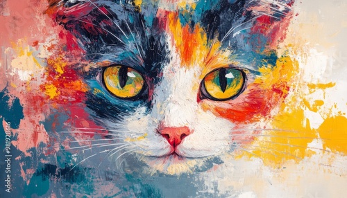 Colorful Abstract Cat Portrait With Vibrant Brushstrokes and Expressive Yellow Eyes
