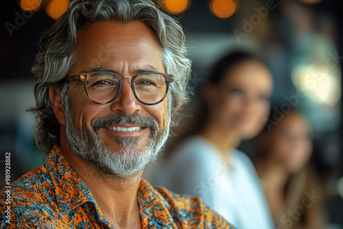 Smiling man in a colorful shirt, looking directly at the camera.