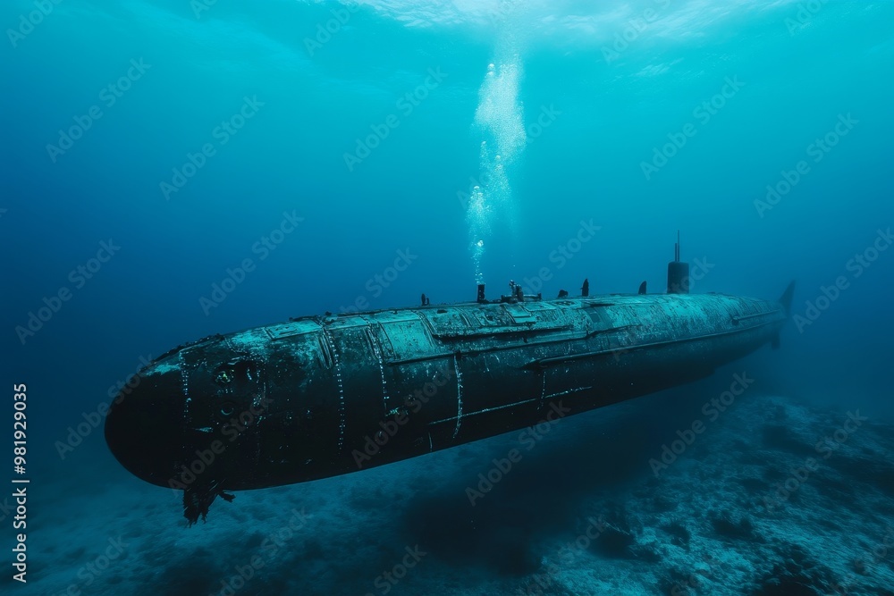 A rusty submarine lies on the ocean floor with a trail of air bubbles above it. A rusty submarine lies on the ocean floor with a trail of air bubbles above it.