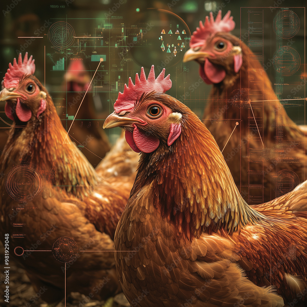 Three chickens are standing in front of a computer screen. The chickens ...