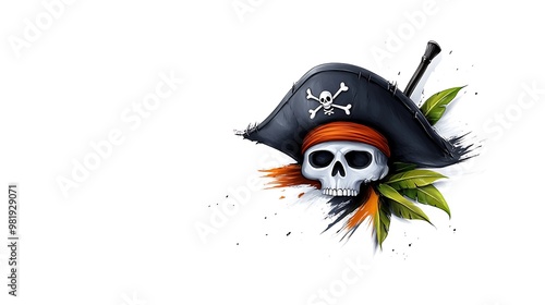 A pirate's skull under a tricorne hat adorned with a red band, surrounded by tropical leaves, symbolizing adventure and danger on the high seas. photo