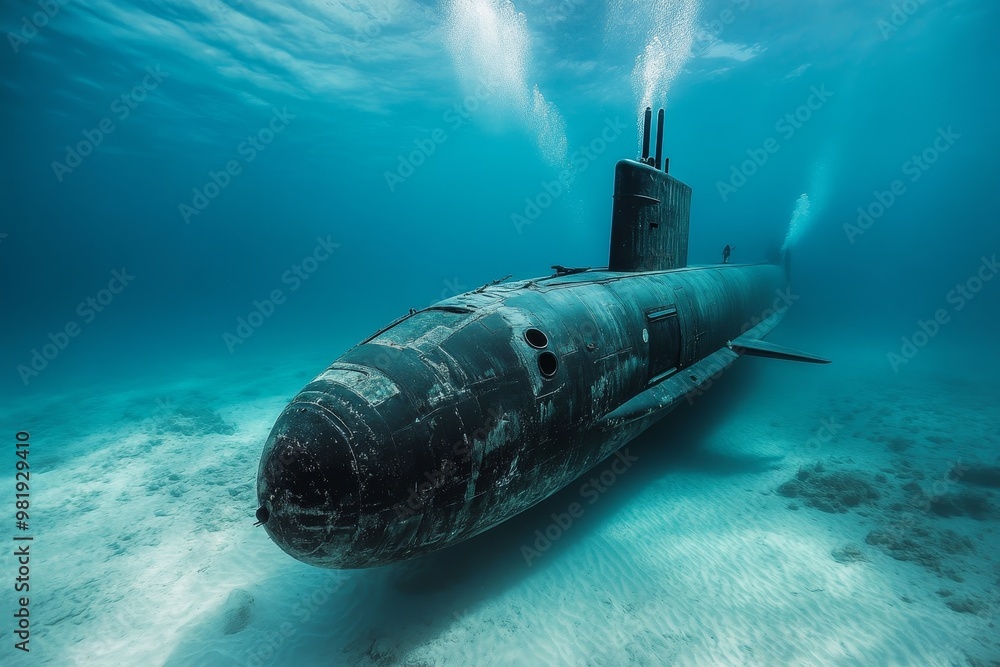 A black submarine rests on the ocean floor with bubbles rising from its surface. A black submarine rests on the ocean floor with bubbles rising from its surface.