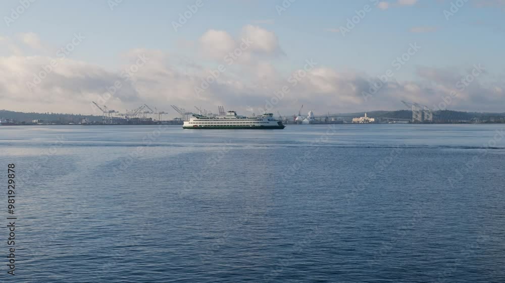 Slow motion landscape of ferry boat ship commuter vessel in Elliott Bay water sea harbour of Seattle city Washington USA America transport travel tourism maritime crossing Slow motion landscape of ferry boat ship commuter vessel in Elliott Bay water sea harbour of Seattle city Washington USA America transport travel tourism maritime crossing