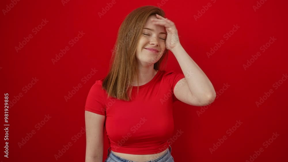 Young woman smiling and posing against isolated red background, looking attractive in casual outfit, blending beautifully with vibrant wall Young woman smiling and posing against isolated red background, looking attractive in casual outfit, blending beautifully with vibrant wall
