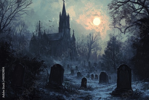 A Gothic Church and Graveyard Under a Full Moon photo