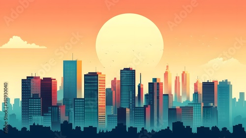 A vibrant flat design illustration of a city skyline, with 2D buildings and objects, avoiding any use of 3D effects, shadows, or highlights