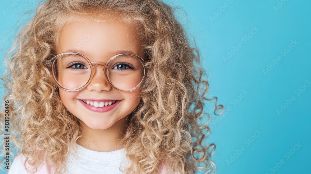 Portrait of a Smiling Girl with Curly Blonde Hair and Glasses Portrait of a Smiling Girl with Curly Blonde Hair and Glasses
