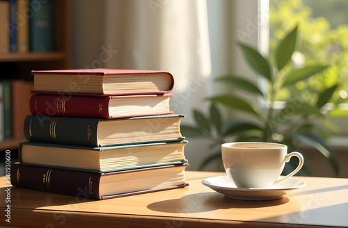 A stack of books and a cup of tea on the table.