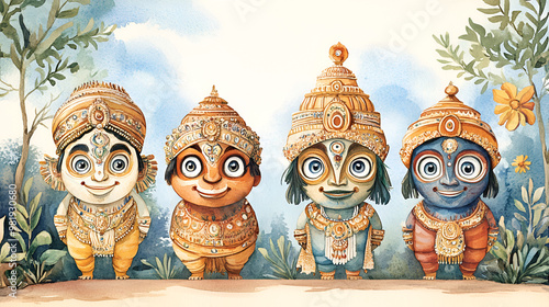 Watercolor Illustration for Jagannath Rath Yatra with stylized masks photo