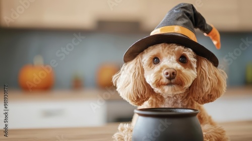 Poodle wearing a witch s hat and cape, stirring a cauldron in a spooky kitchen, witch dog, Halloween pet chef photo