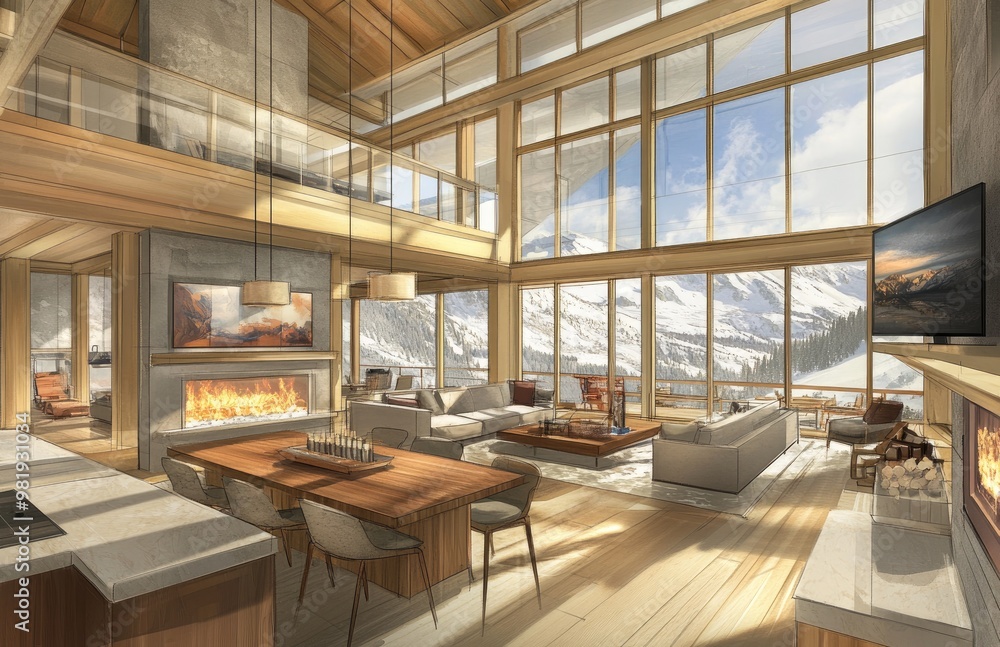 Living room interior design with large grey sofa set, wooden floor, wooden table, chairs and the snow mountain view outside. Created with Ai Living room interior design with large grey sofa set, wooden floor, wooden table, chairs and the snow mountain view outside. Created with Ai