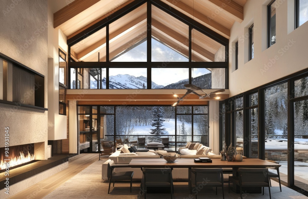 custom made wallpaper toronto digitalLuxury hotel living room interior with warm light inside, designed roof, glass walls, wooden floor, fireplace area, dining table and sofa set. Created with Ai