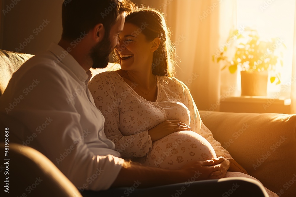 pregnant woman and her husband sitting on a sofa touching her belly and marveling at the baby's movements, concept of women's health, pregnancy planning, family life, poster for social problems pregnant woman and her husband sitting on a sofa touching her belly and marveling at the baby's movements, concept of women's health, pregnancy planning, family life, poster for social problems
